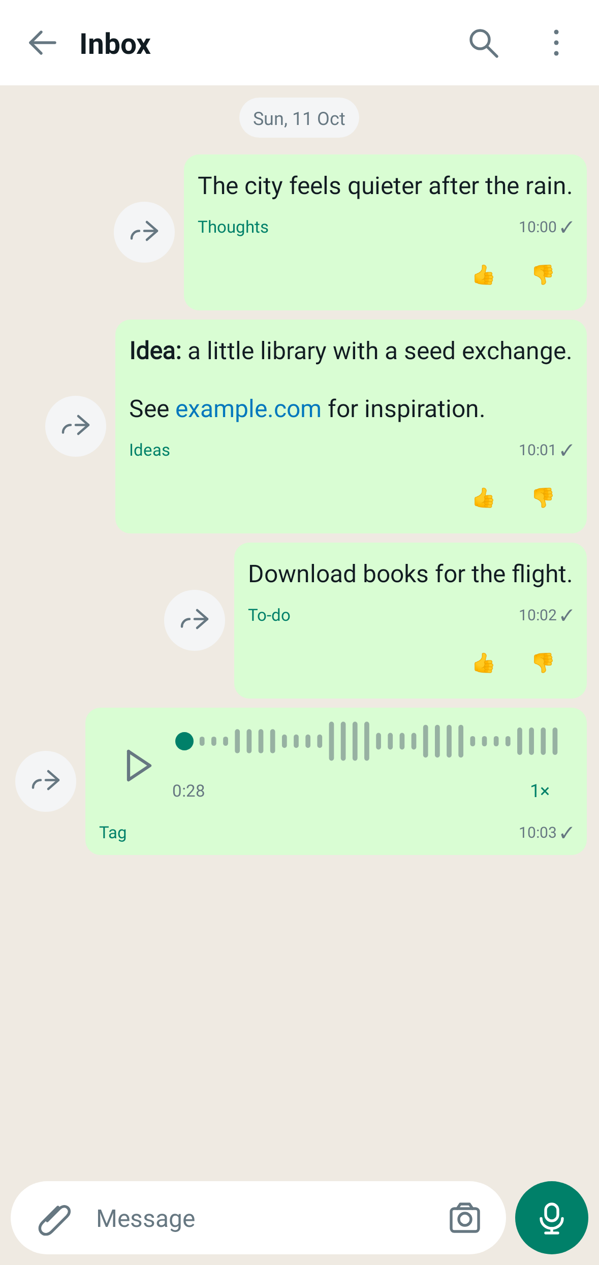 The native Android Inbox with a thought, idea, task, and voice recording