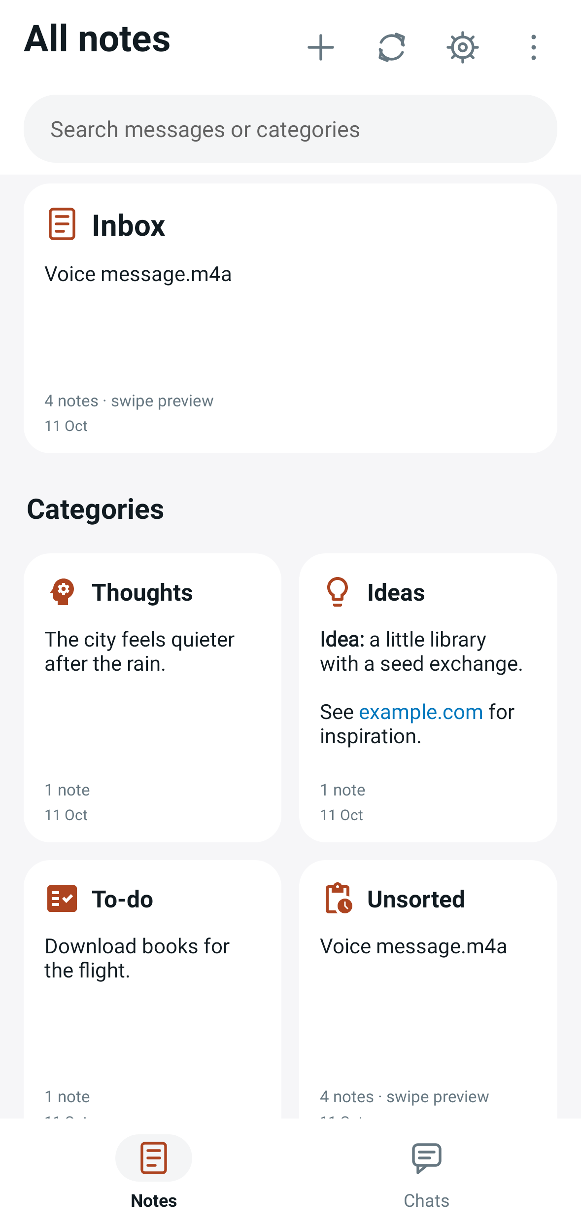 The native Android Notes layout with Inbox and category boards